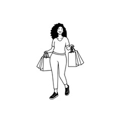 Black and white line art of a beautiful happy woman carrying shopping bags minimalist cheerful illustration