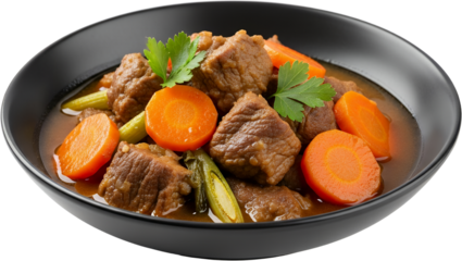 Tender beef stew with carrots and herbs in a black bowl isolate parsley meat food cooking cuisine delicious