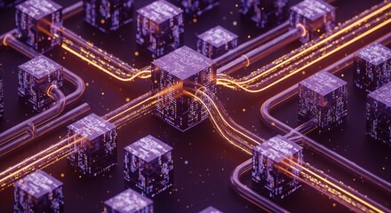 Cybernetic abstract visualization of glowing semi-transparent blocks connected by neon tubes, flowing light particles and isometric digital composition
