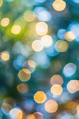 Obraz premium Soft, dreamy bokeh lights in warm gold and cool blue tones blend into a blurred, abstract background, evoking a magical, serene atmosphere.