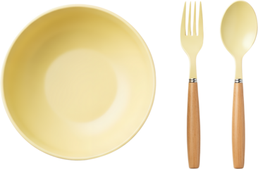 A pale yellow bowl sits next to a matching fork and spoon with wooden handles isolate cutlery kitchenware