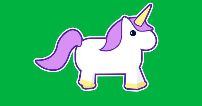 Graphic design showing unicorn sticker popping on transparent background, overlapping purple frame