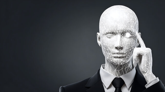 Digital human head with geometric wireframe overlay, wearing formal suit and tie, hand on temple against dark background