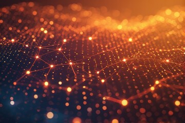 Naklejka premium A glowing, abstract digital landscape of interconnected orange nodes and lines, evoking a futuristic network against a dark, bokeh background.