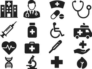 Medical Healthcare Solid Black Vector Icon Set Collection on White Background