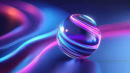 Futuristisch leuchtende Glaskugel auf modernem Podest mit Neonlicht-Effekten