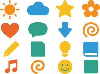 Doodle 16 Solid Color Icon Set Collection on White Background