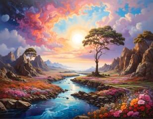 Fototapeta premium Colorful fantasy landscape painting