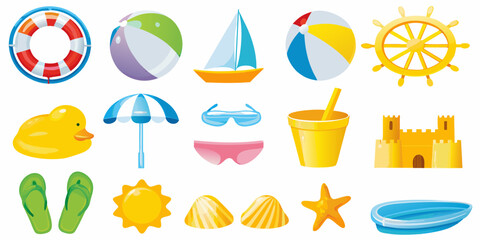 Collection of colorful cartoon beach and summer vacation icons and symbols on a white background