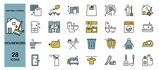 Housework, housekeeping, and domestic cleaning icons set – household chores, laundry, kitchen, vacuum, broom, bathroom,  washing, hygiene and home service colored vector collection. Editable stroke