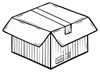 Simple black and white line art illustration of a sealed cardboard shipping box