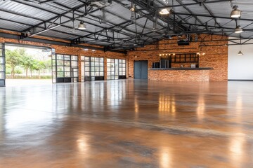 Spacious industrial event venue with polished floor