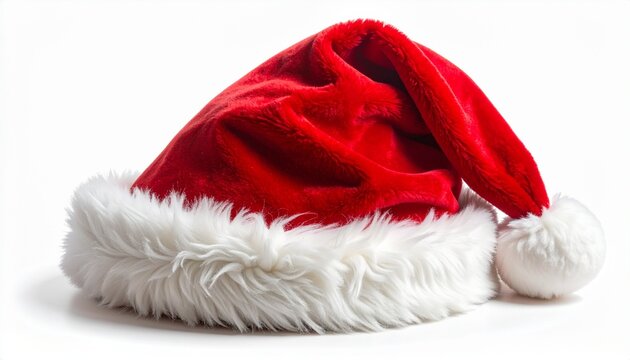 Festive red velvet Christmas hat with white fur trim, isolated on white background - Powered by Adobe