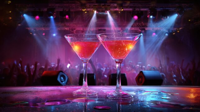 Two vibrant cocktails on a bar during a lively party with dancing crowd and colorful lights