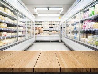 Bright supermarket aisle with wooden counter in foreground, glass door refrigerators filled with dairy products, beverages and packaged goods, modern retail grocery shopping interior