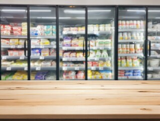 signed-image_0.pngSupermarket refrigerated section with wooden counter in foreground, glass door fridges filled with dairy products, drinks, and packaged foods, modern retail grocery interior