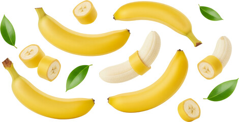 Ripe yellow bananas sliced pieces and green leaves scattered against a black backdrop isolate Fruit Food