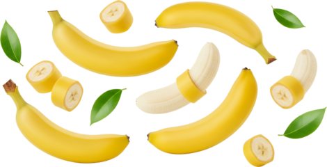 Ripe yellow bananas sliced pieces and green leaves scattered against a black backdrop isolate Fruit Food