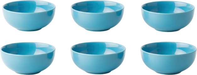 Six bright blue ceramic bowls arranged in two rows isolated with kitchenware tableware dish empty cooking