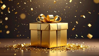 Golden gift box with confetti