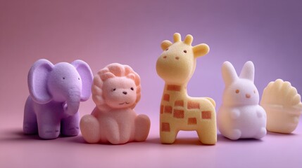 Colorful animal figurines in pastel shades displayed against a soft gradient background