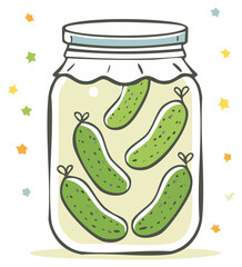 Pickled Cucumbers in Glass Jar Cartoon Style Illustration with Floating Colorful Stars