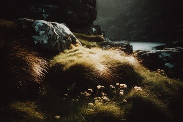 Rocky outcrop, illuminated grass, misty backdrop