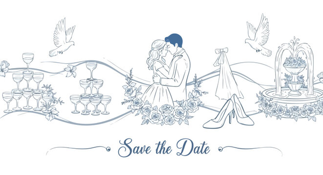 Elegant wedding celebration scene with embracing couple champagne towers doves and romantic fountain perfect for save the date announcements