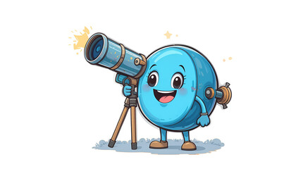 Adorable cartoon telescope character isolated on white background looking up