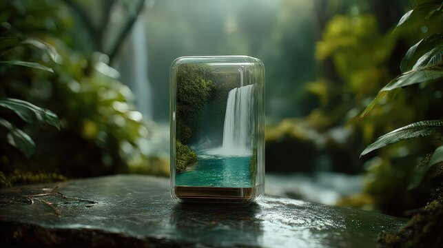 Enchanted Waterfall Displayed In Glass Container Amidst Lush Rainforest