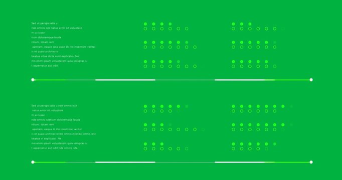 Tech UI showing dual text blocks with green status icons, progress bars on transparent background