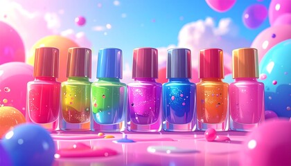 Colorful nail polish bottles on a pink surface