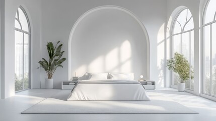 A sun-drenched, minimalist bedroom boasts large arched windows, showcasing a cityscape view.  The room's clean lines and bright white palette create a serene and peaceful atmosphere.