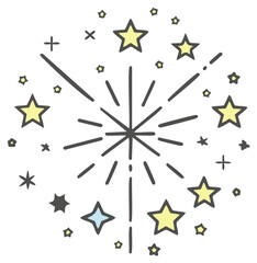 Fototapeta premium Hand-drawn illustration of a firework display, stars and bursts.