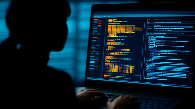 Silhouette of a person coding on a laptop with illuminated programming interface