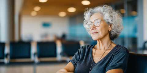 A woman over 60 years old sitting in a waiting room
