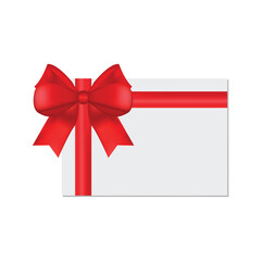 White Note Card with Red Ribbon Bow. Stylish Holiday Gift Greeting Template