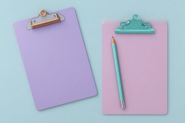 Two pastel clipboards, one purple, one pink, lay on a light blue background; a teal pencil rests on the pink clipboard