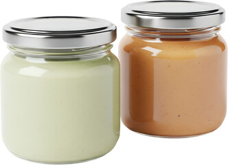 Two glass jars with metallic lids containing creamy light green and beige spreads isolate food ingredient