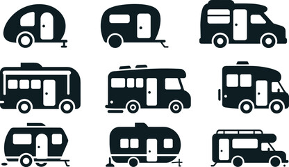 RV silhouette icons, travel trailer vector set, motorhome clipart, black camper symbols, mobile living graphics, recreational vehicle illustrations