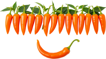 Eleven bright orange chili peppers with green leaves arranged above one pepper forming a smile isolate