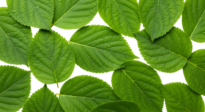 A dense arrangement of vibrant green leaves with visible veins and water droplets isolatable with a Plant