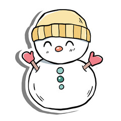 Cheerful cartoon snowman with yellow hat, red mittens, and teal buttons. Playful winter design perfect for holiday cards, seasonal decor, or festive digital content.