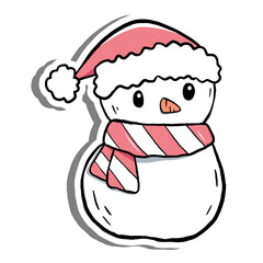 Festive cartoon snowman with Santa hat and striped scarf. Simple and cheerful winter design, perfect for Christmas cards, seasonal decorations, or holiday themed digital content.