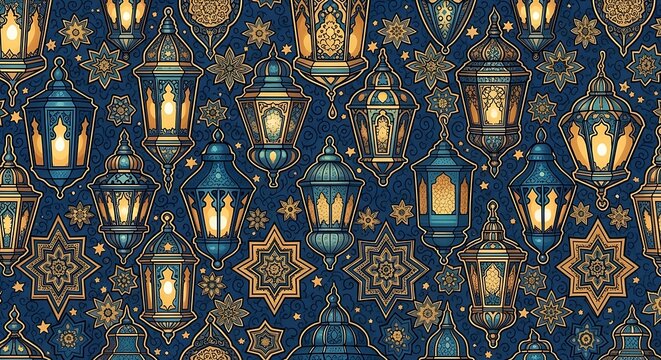 Seamless pattern with glowing Arabic lanterns and stars. - Powered by Adobe