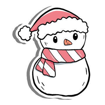 Festive cartoon snowman with Santa hat and striped scarf. Simple and cheerful winter design, perfect for Christmas cards, seasonal decorations, or holiday themed digital content.