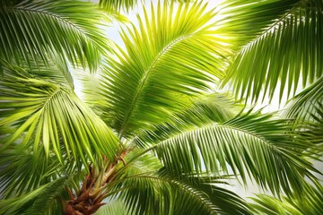 Fototapeta premium Lush green palm fronds against a pale sky