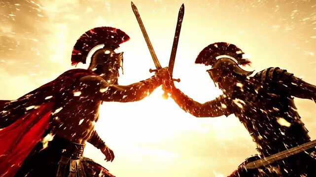 Epic Duel of Ancient Warriors Cinematic Slow-Motion Sword Clash Choreography. High quality 4k footage.
