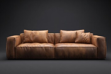 Brown leather couch, three cushions, dark background