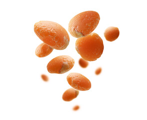Red lentils levitate on a white background